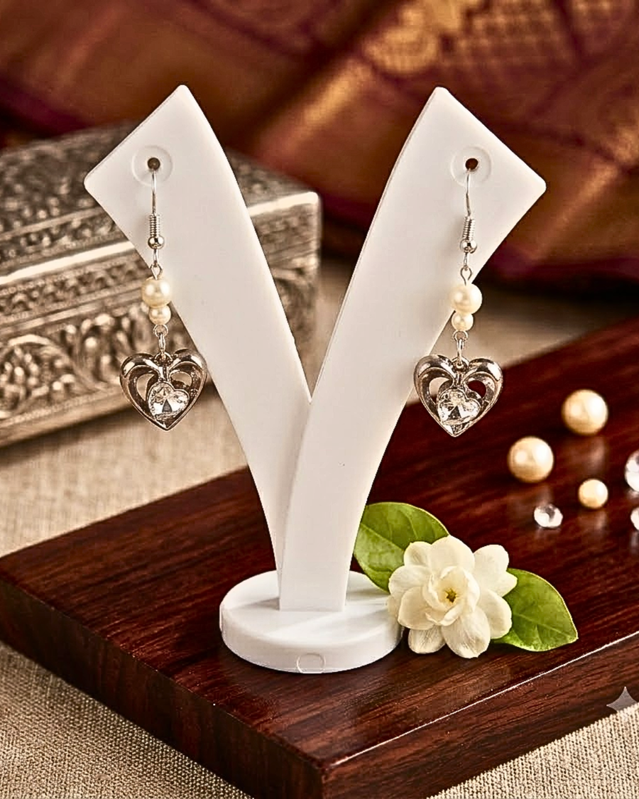 Crystal Heart Pearl Drop Earrings