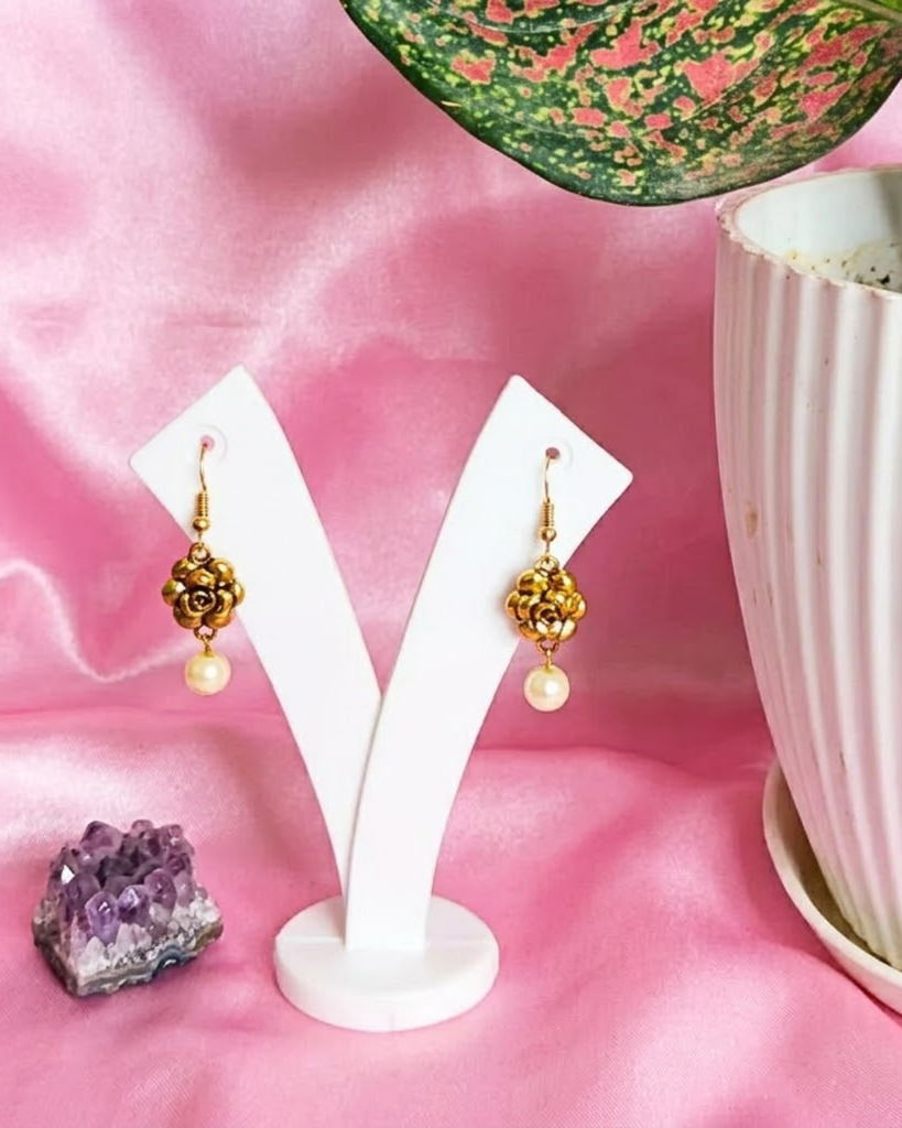 Golden Blossom Pearl Drop Earrings