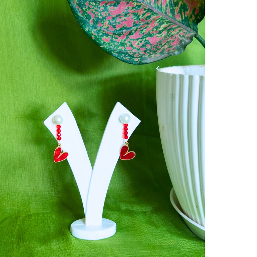 Pearl & Crimson Heart Drop Earrings