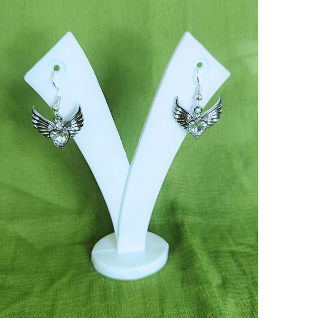 Silver Winged Heart Drop Earrings