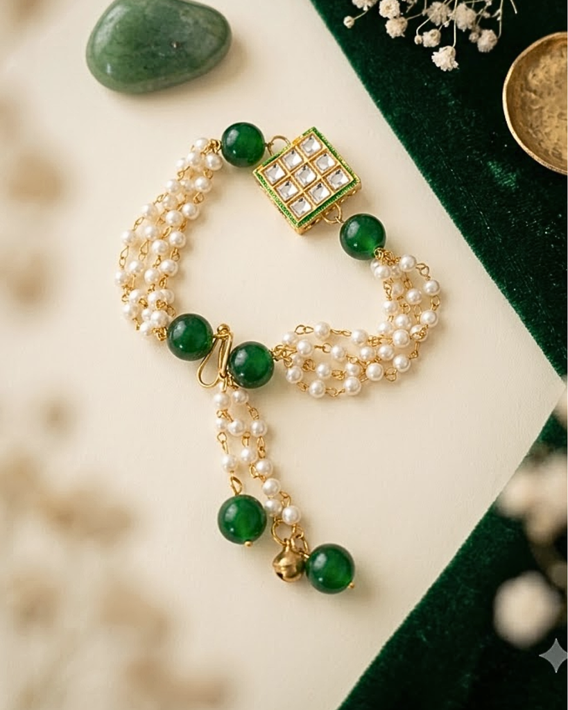 Square Kundan Pearl Bracelet Rakhi