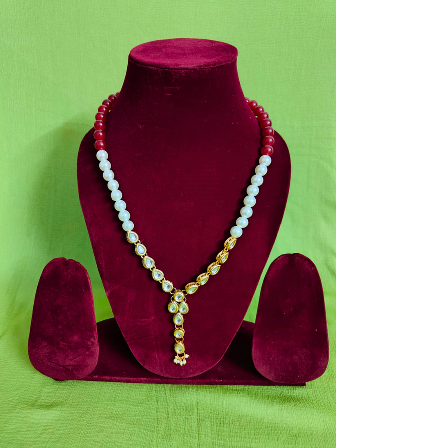 Red and White Beaded Kundan Necklace
