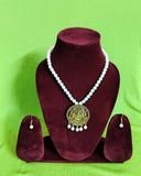 White Beaded Necklace With Round Pendent And Earrings